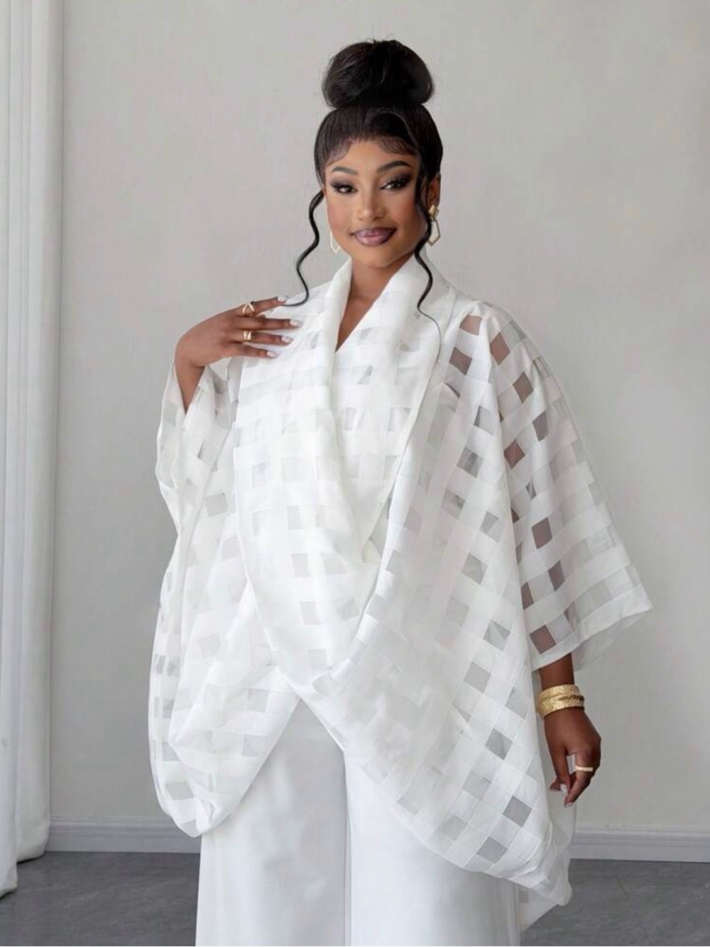Elegant White Sheer Grid Poncho Jacket - Women's